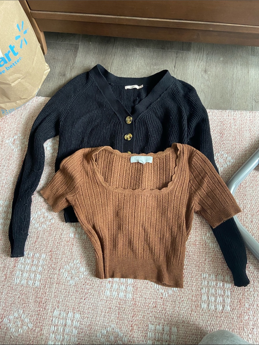 Black Button V-Neck Cardigan & Brown Ribbed Scoop Crop Top Set